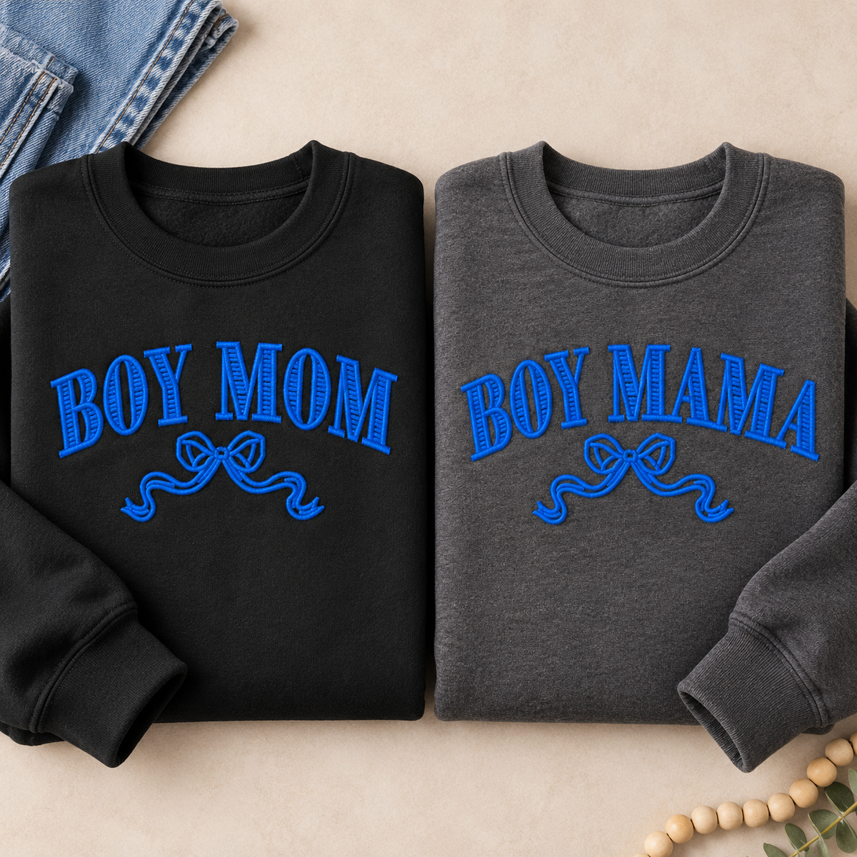 Boy Mom and Boy Mama royal blue embroidery options shown on Black and Charcoal sweatshirts