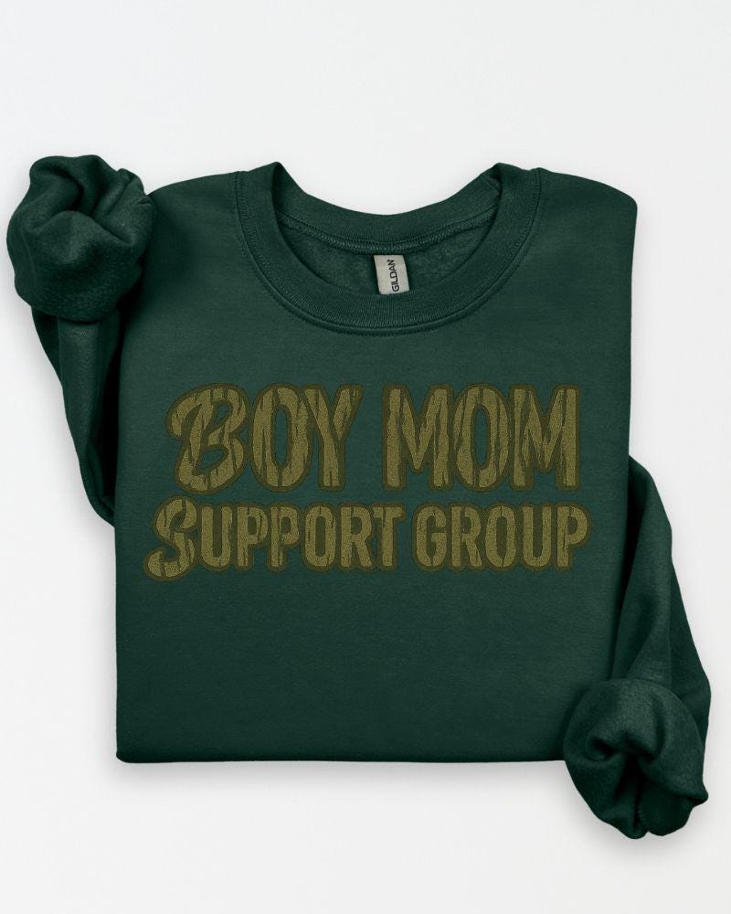 Forest green Boy Mom Support Group graphic crewneck sweatshirt
