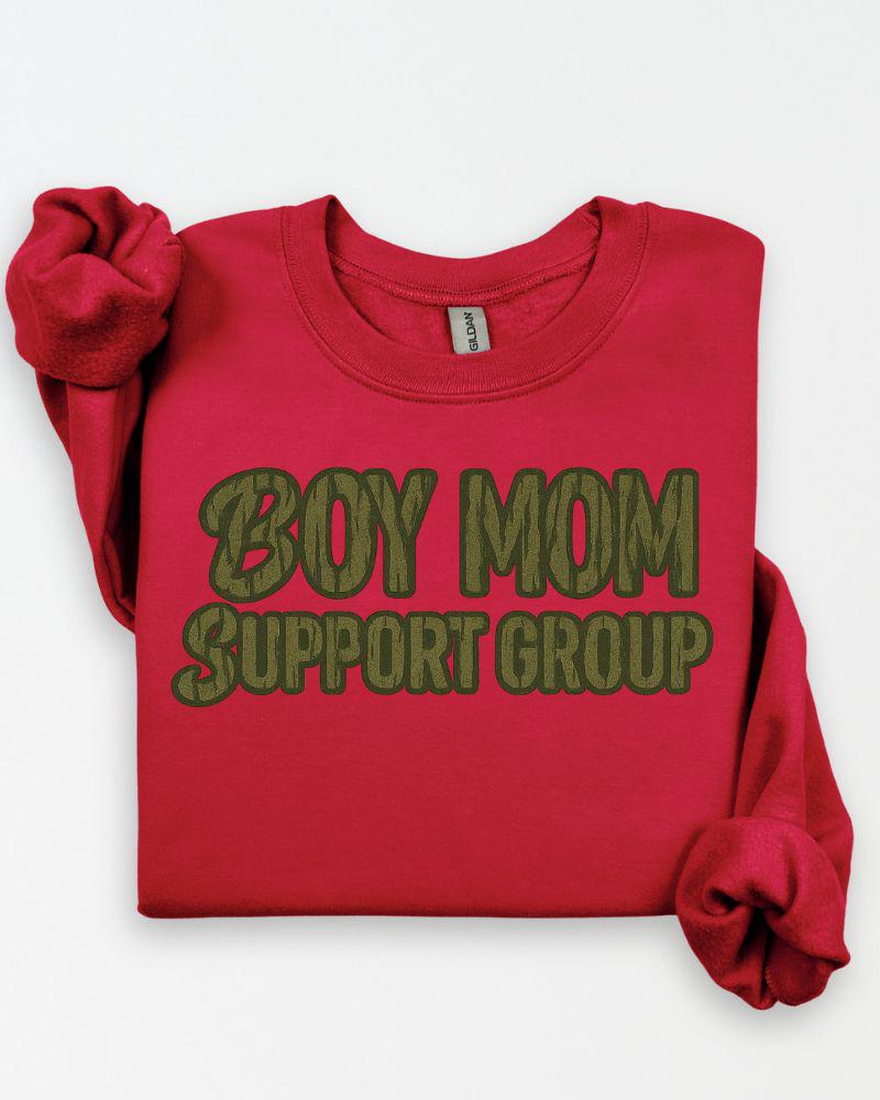 Red Boy Mom Support Group graphic crewneck
