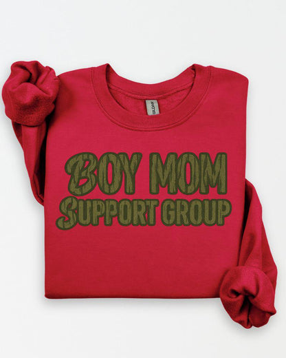 Red Boy Mom Support Group graphic crewneck