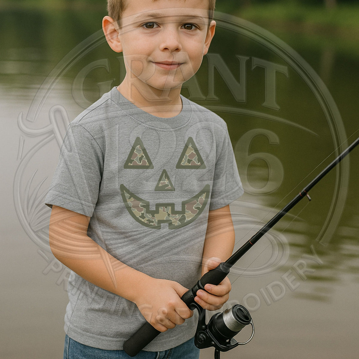 Child wearing Sport Grey camouflage pumpkin Halloween shirt while fishing