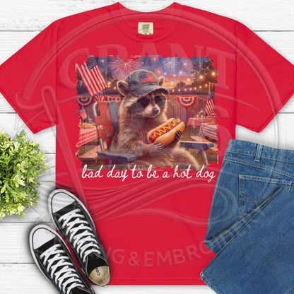 Red patriotic raccoon shirt with funny hot dog design