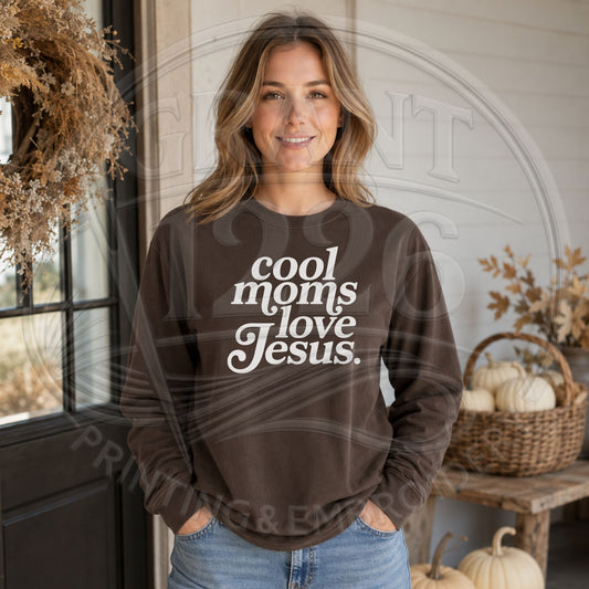 Espresso long sleeve Cool Moms Love Jesus Comfort Colors shirt