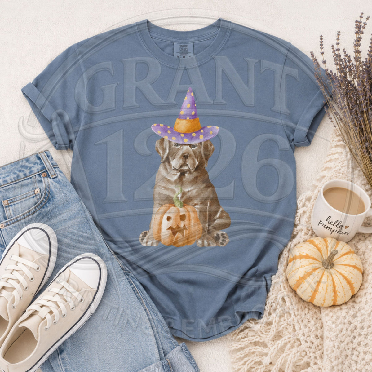 Comfort Colors Blue Jean short-sleeve shirt with brown witch dog and jack-o-lantern graphic