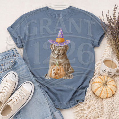 Comfort Colors Blue Jean short-sleeve shirt with brown witch dog and jack-o-lantern graphic