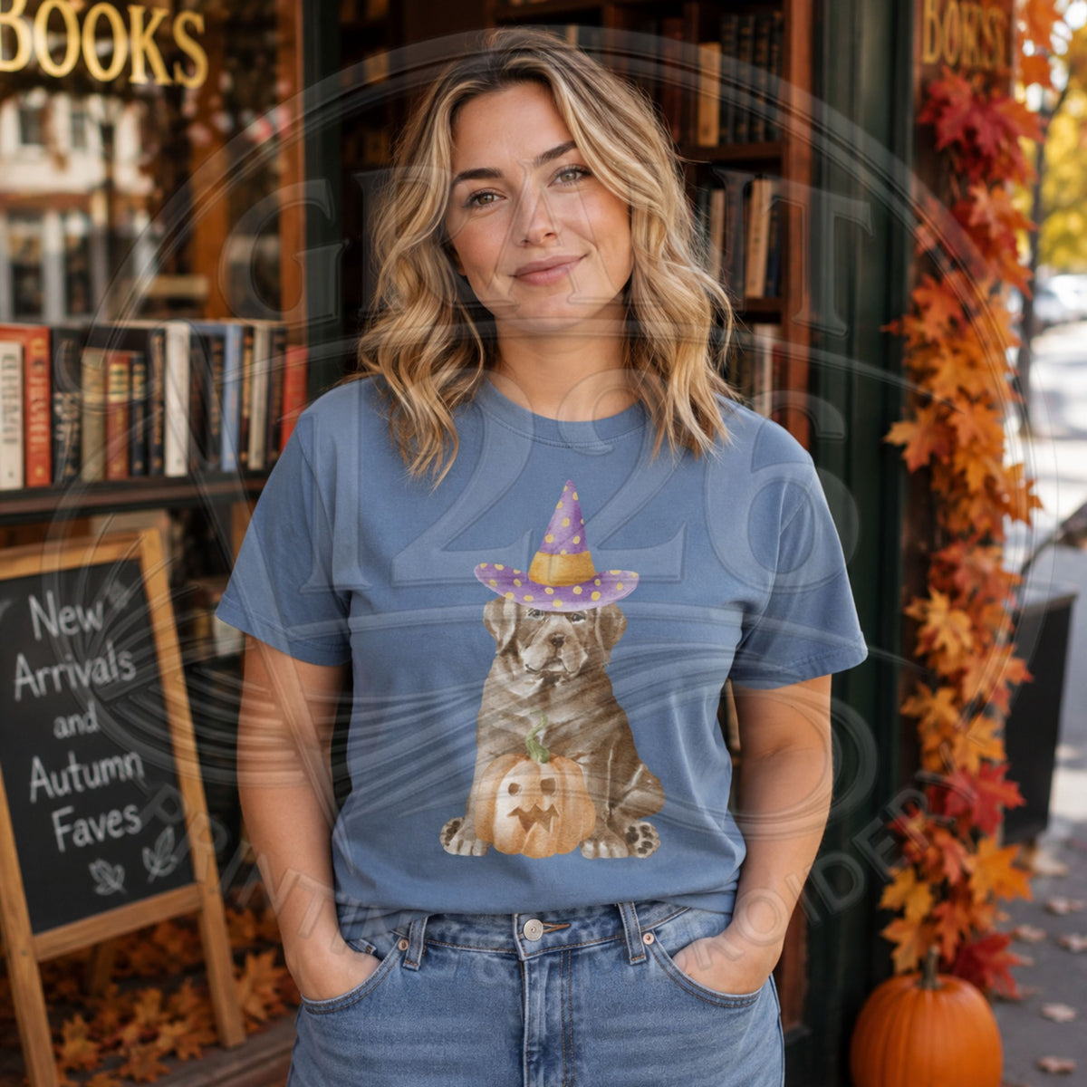 Brown dog in purple witch hat with jack-o-lantern on Comfort Colors Blue Jean short-sleeve Halloween shirt