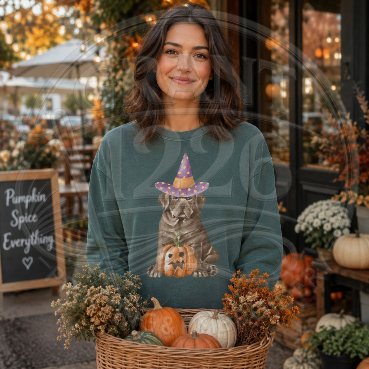 Brown dog in purple witch hat with jack-o-lantern on Comfort Colors Blue Spruce long-sleeve Halloween shirt
