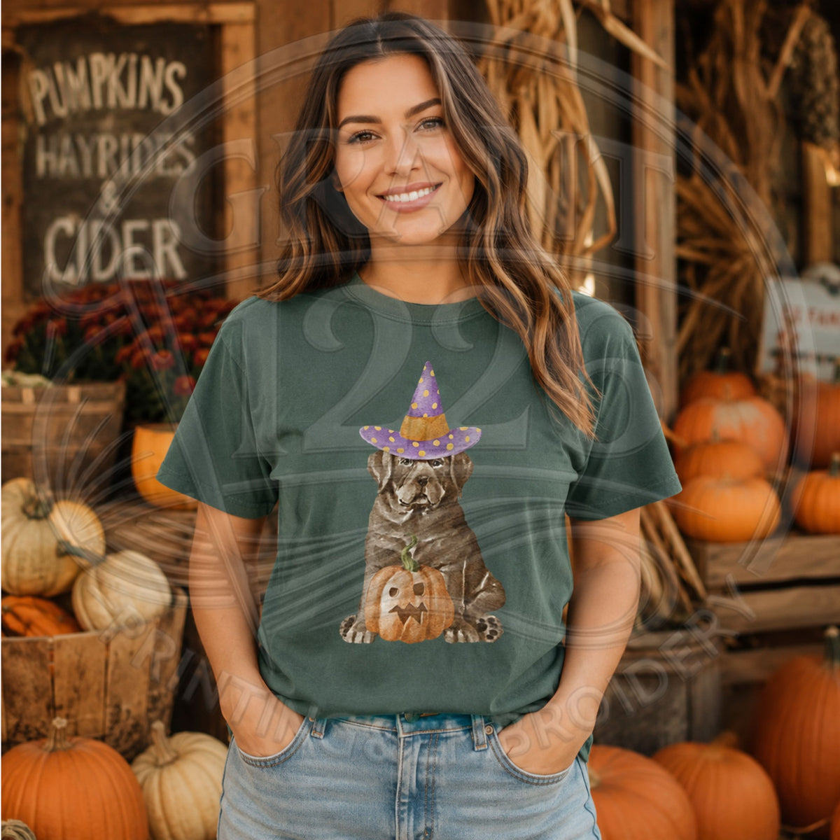 Brown dog in purple witch hat with jack-o-lantern on Comfort Colors Blue Spruce short-sleeve Halloween shirt