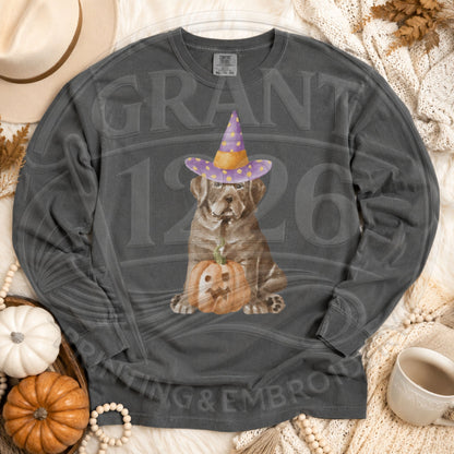 Comfort Colors Pepper long-sleeve shirt with brown witch dog and jack-o-lantern graphic