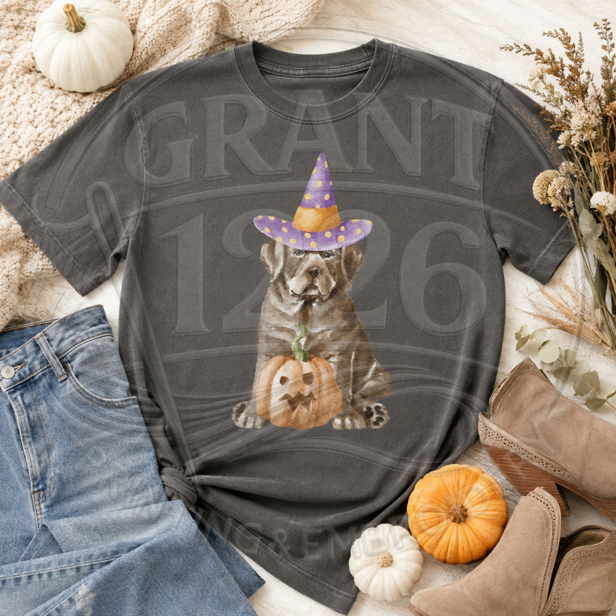 Comfort Colors Pepper short-sleeve shirt with brown witch dog and jack-o-lantern graphic