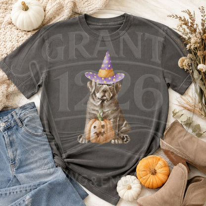 Comfort Colors Pepper short-sleeve shirt with brown witch dog and jack-o-lantern graphic