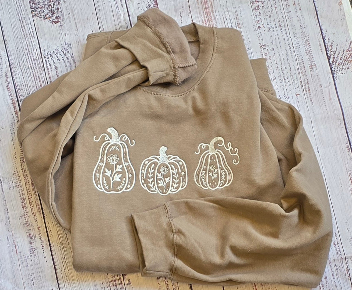 Brown Savana floral pumpkin embroidered crewneck sweatshirt real product photo
