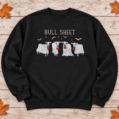 Black Bull Sheet cow ghost embroidered sweatshirt flat lay, with cream lettering and bats