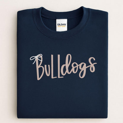 Navy Bulldogs script sweatshirt with bow embroidery folded for a front view