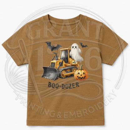 Coyote Brown toddler Boo-Dozer ghost bulldozer Halloween shirt flat lay
