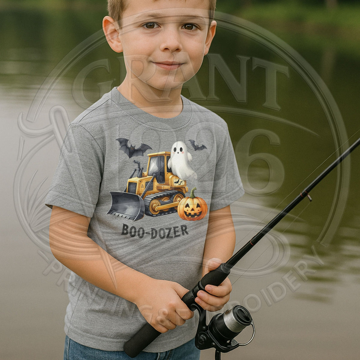 Child wearing Sport Grey Boo-Dozer Halloween construction shirt while fishing