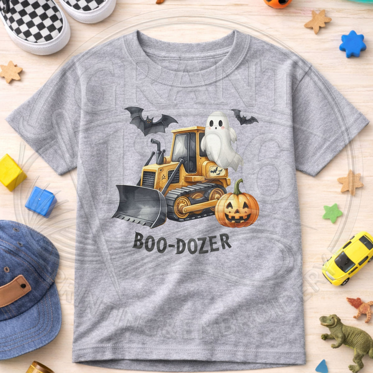 Sport Grey toddler Boo-Dozer ghost bulldozer Halloween shirt flat lay