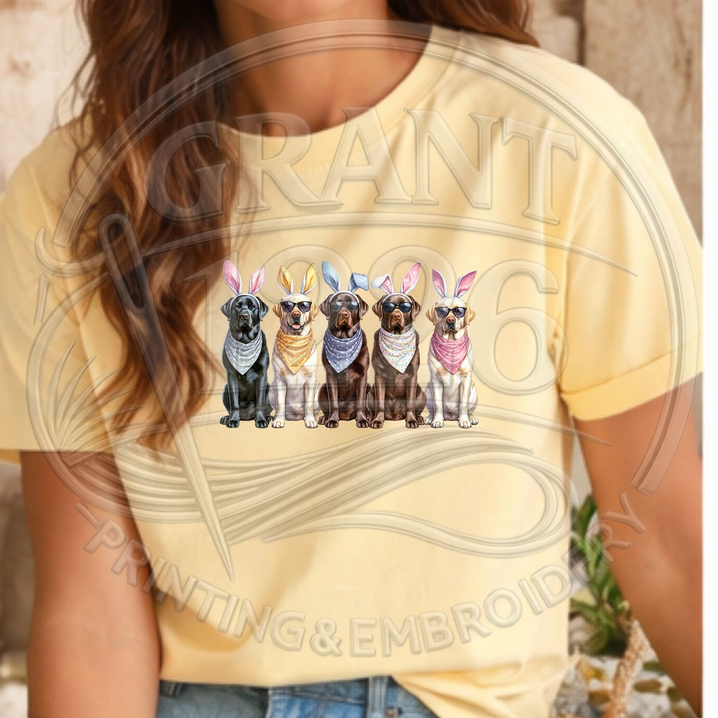 Woman wearing butter lab easter shirt