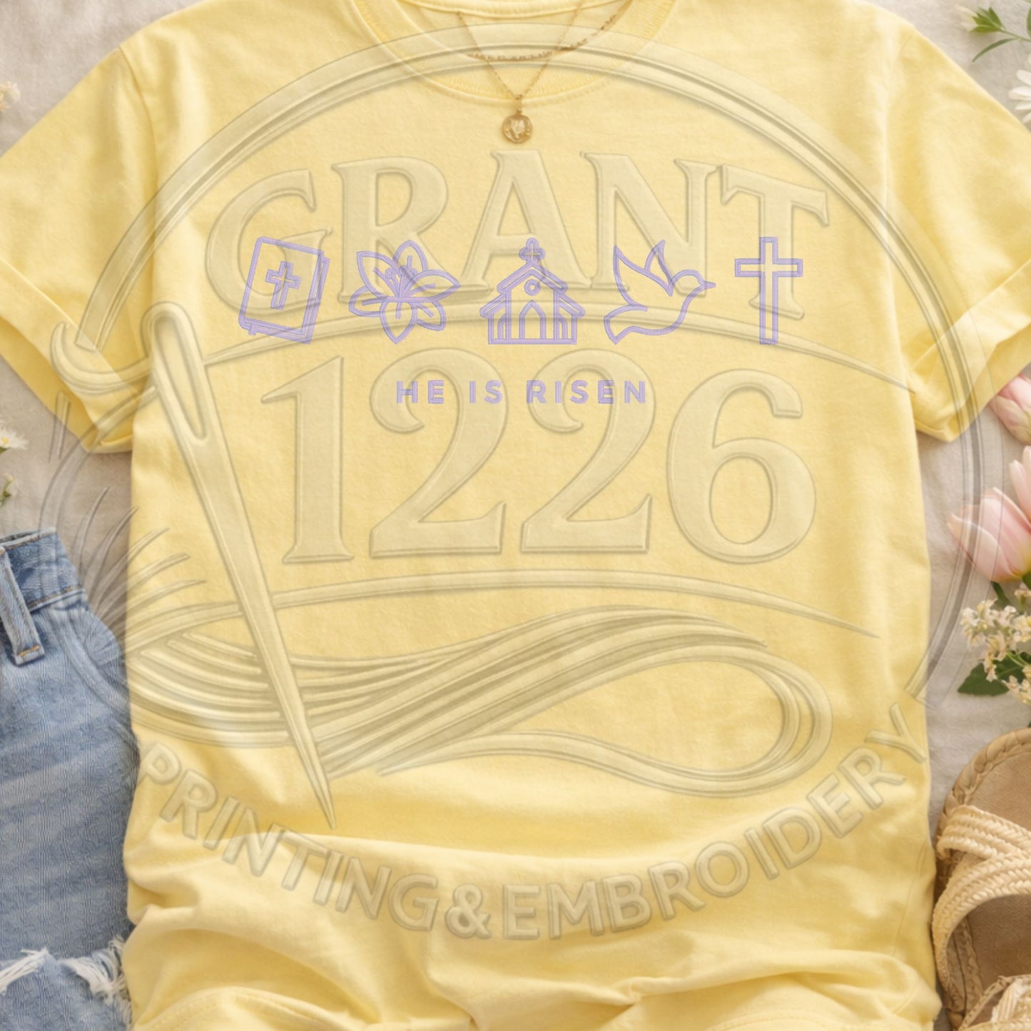 Soft yellow Christian Easter shirt with He Is Risen pastel icon graphic on Comfort Colors unisex tee