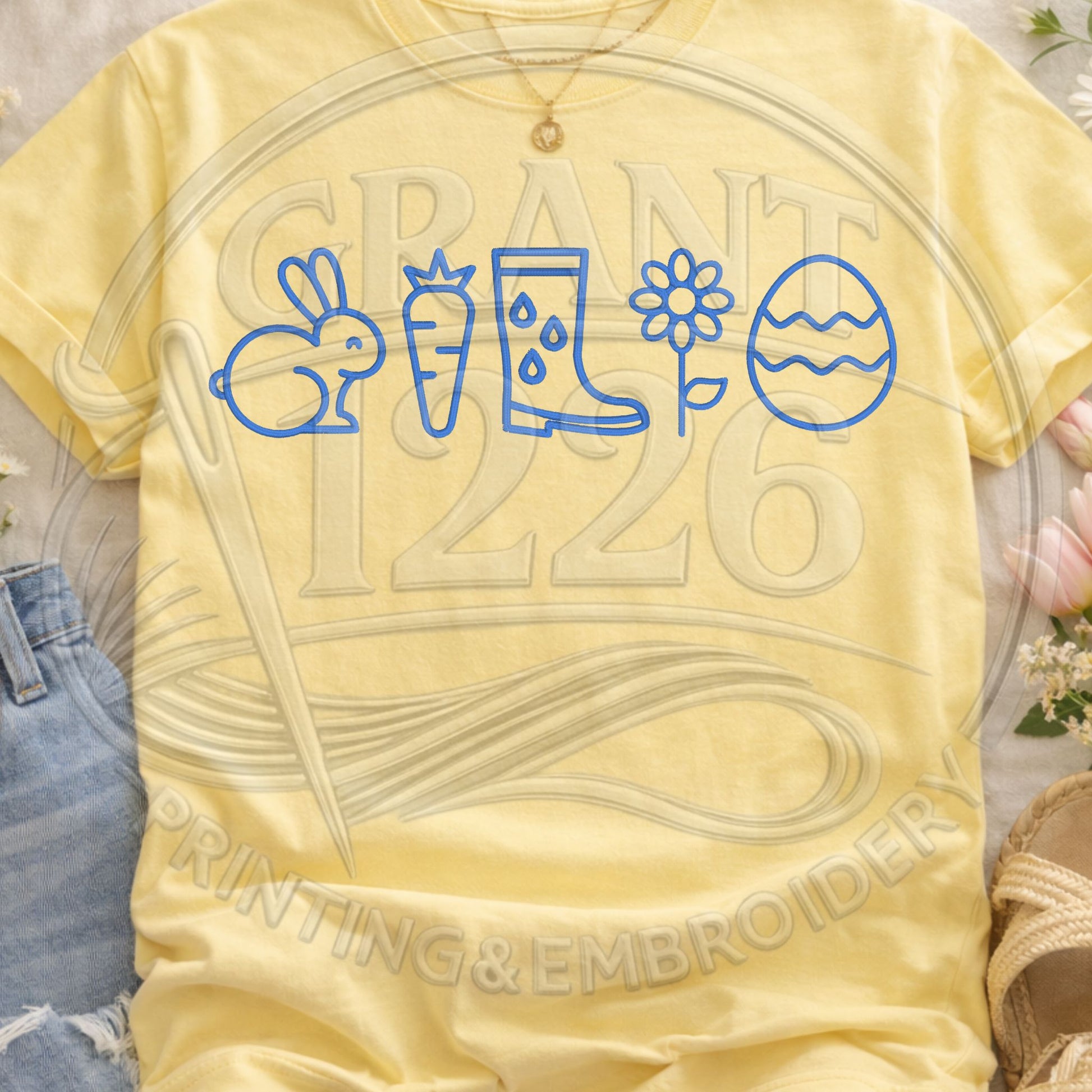Butter yellow spring icons embroidered t-shirt