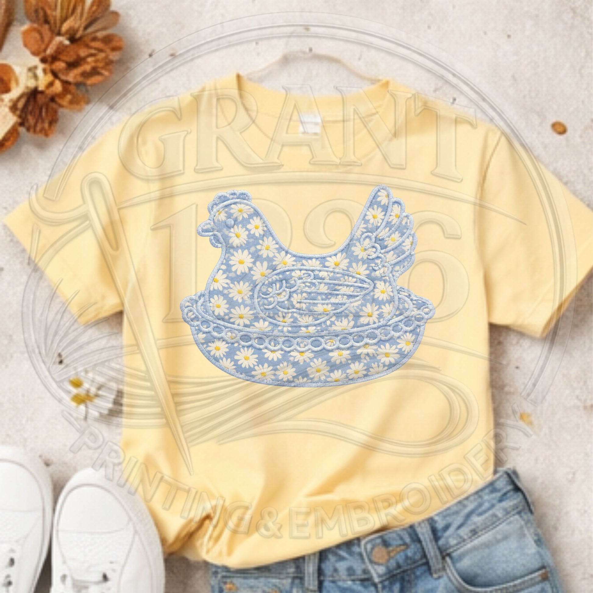 Butter yellow Comfort Colors chicken applique embroidered shirt flat lay