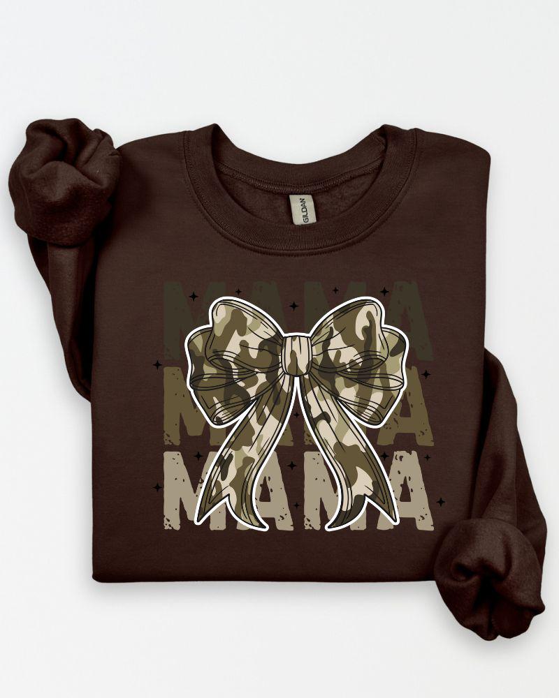 Dark chocolate Camo MAMA bow graphic crewneck