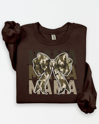 Dark chocolate Camo MAMA bow graphic crewneck