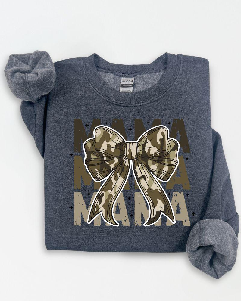 Dark heather sweatshirt with Camo MAMA bow graphic