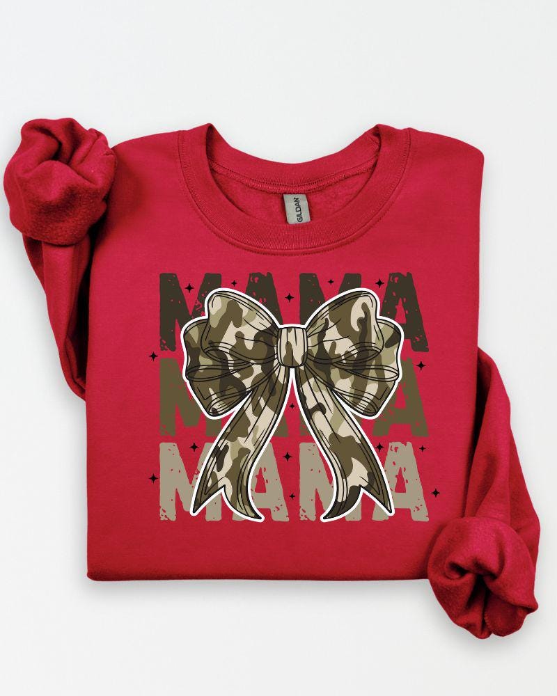 Red sweatshirt with layered Camo MAMA bow design