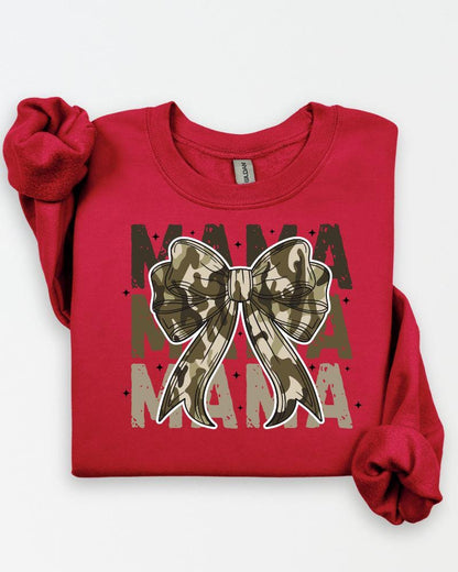 Red sweatshirt with layered Camo MAMA bow design