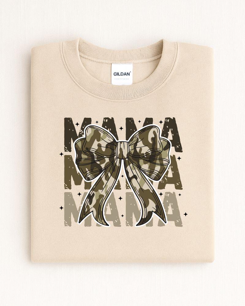 Folded sand sweatshirt with layered Camo MAMA bow graphic