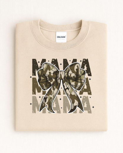 Folded sand sweatshirt with layered Camo MAMA bow graphic