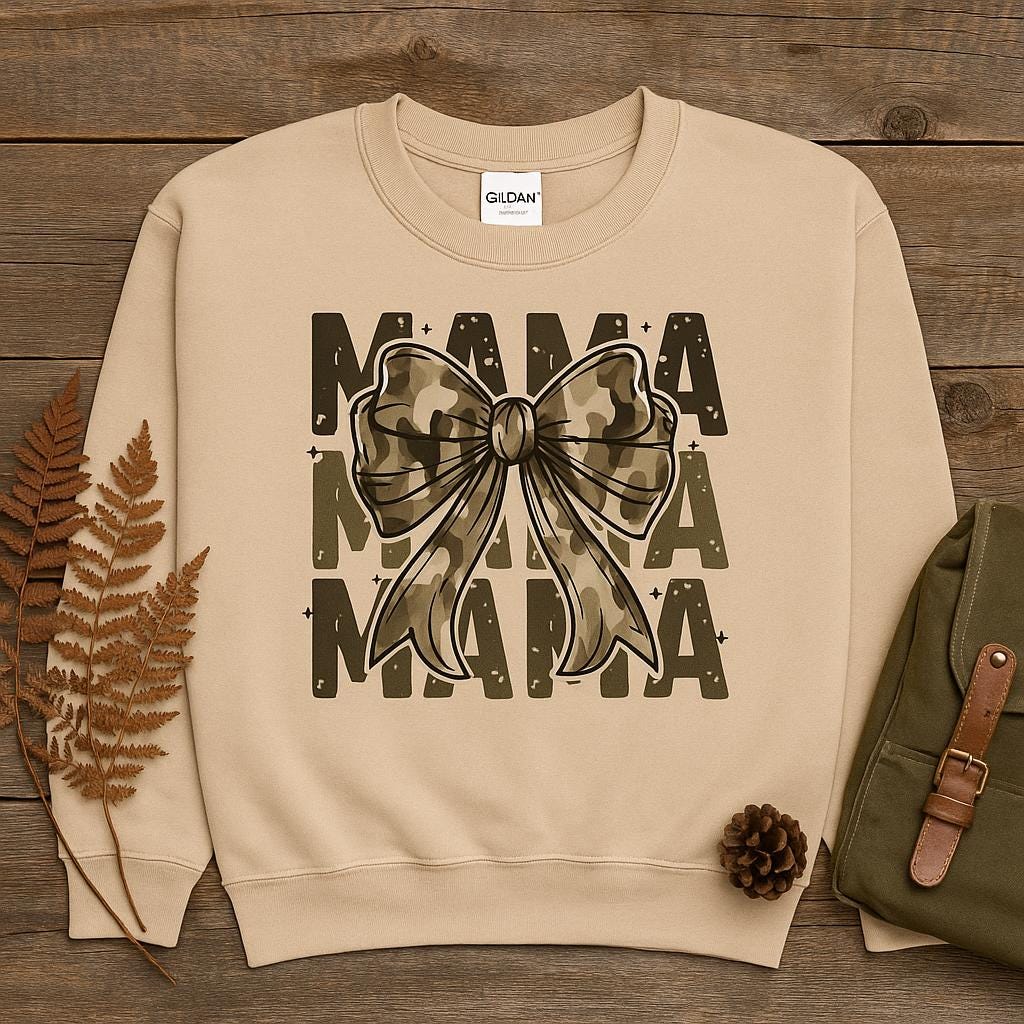 Sand Camo MAMA bow sweatshirt styled outdoors with antlers