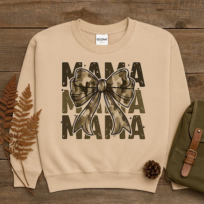 Sand Camo MAMA bow sweatshirt styled outdoors with antlers