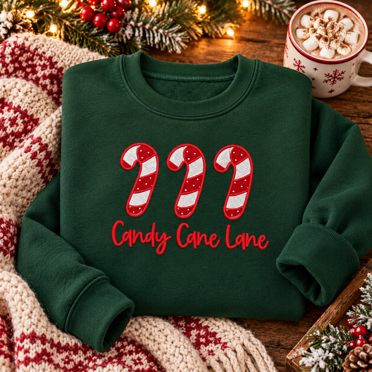Forest Green Candy Cane Lane embroidered sweatshirt styled with cocoa