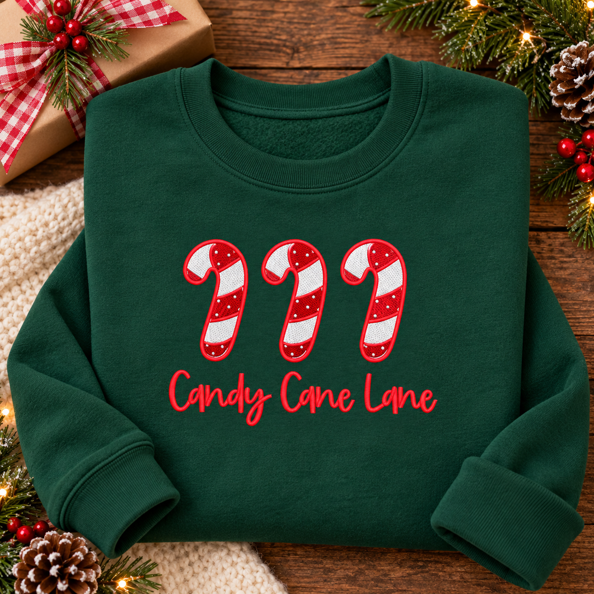 Forest Green Candy Cane Lane embroidered sweatshirt folded beside Christmas gift