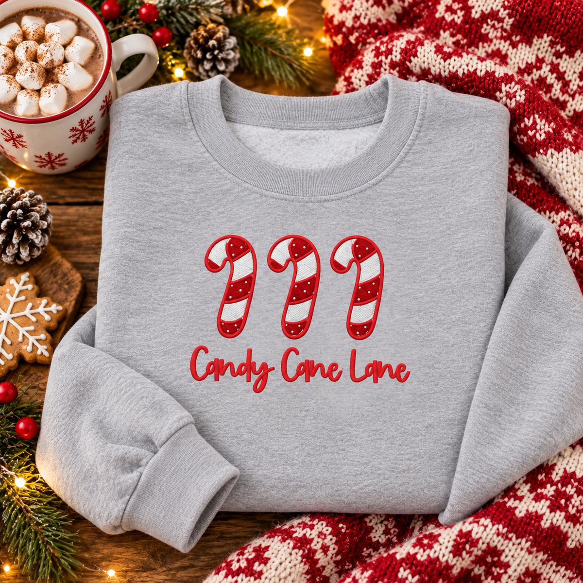 Sport Grey Candy Cane Lane embroidered sweatshirt styled with cocoa and knit