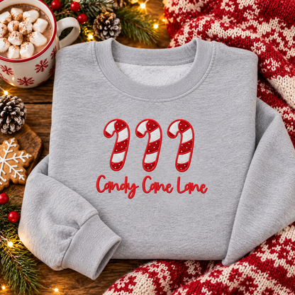 Sport Grey Candy Cane Lane embroidered sweatshirt styled with cocoa and knit