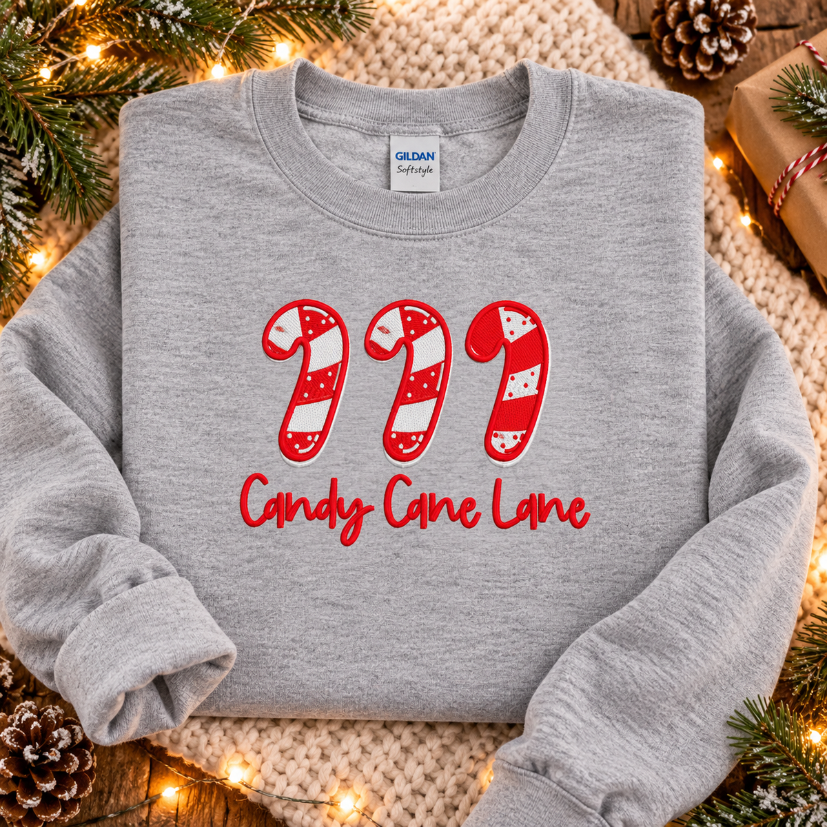 Sport Grey Candy Cane Lane embroidered sweatshirt folded with Christmas greenery