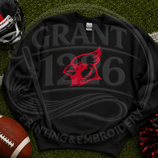Black embroidered Cardinal mascot sweatshirt with red stitching styled with football game day accessories