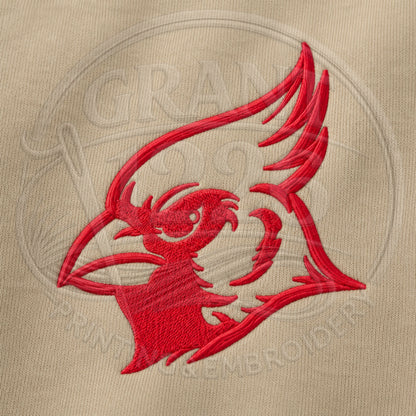 Close-up of red Cardinal mascot embroidery showing detailed stitching on sweatshirt fabric
