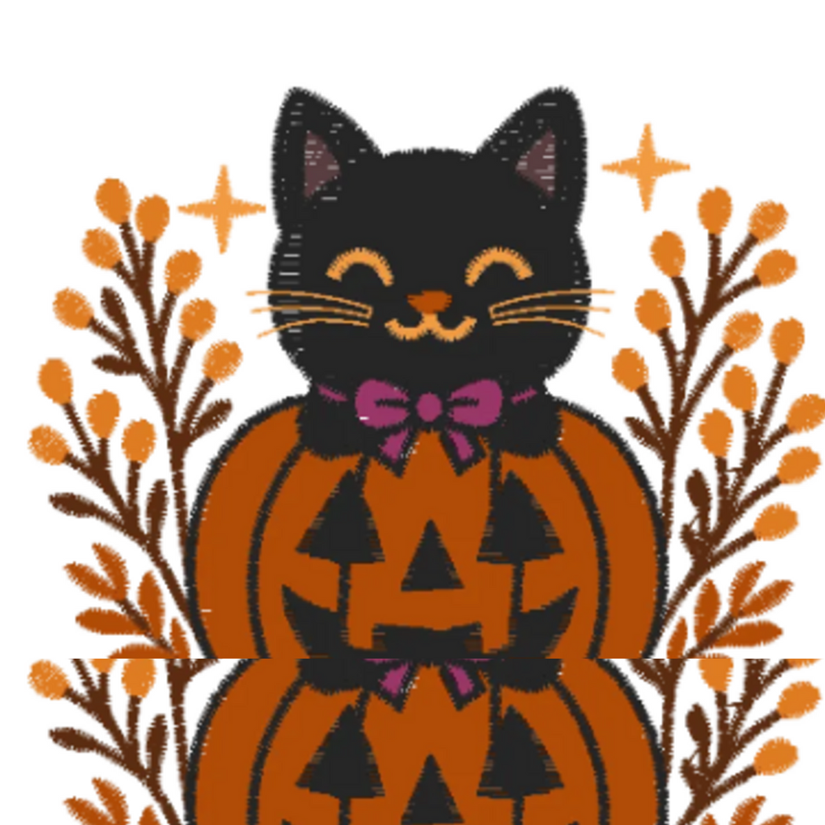 Exact Cat Jack O'Lantern Bow embroidery artwork detail with black cat, pumpkin, purple bow, and fall foliage