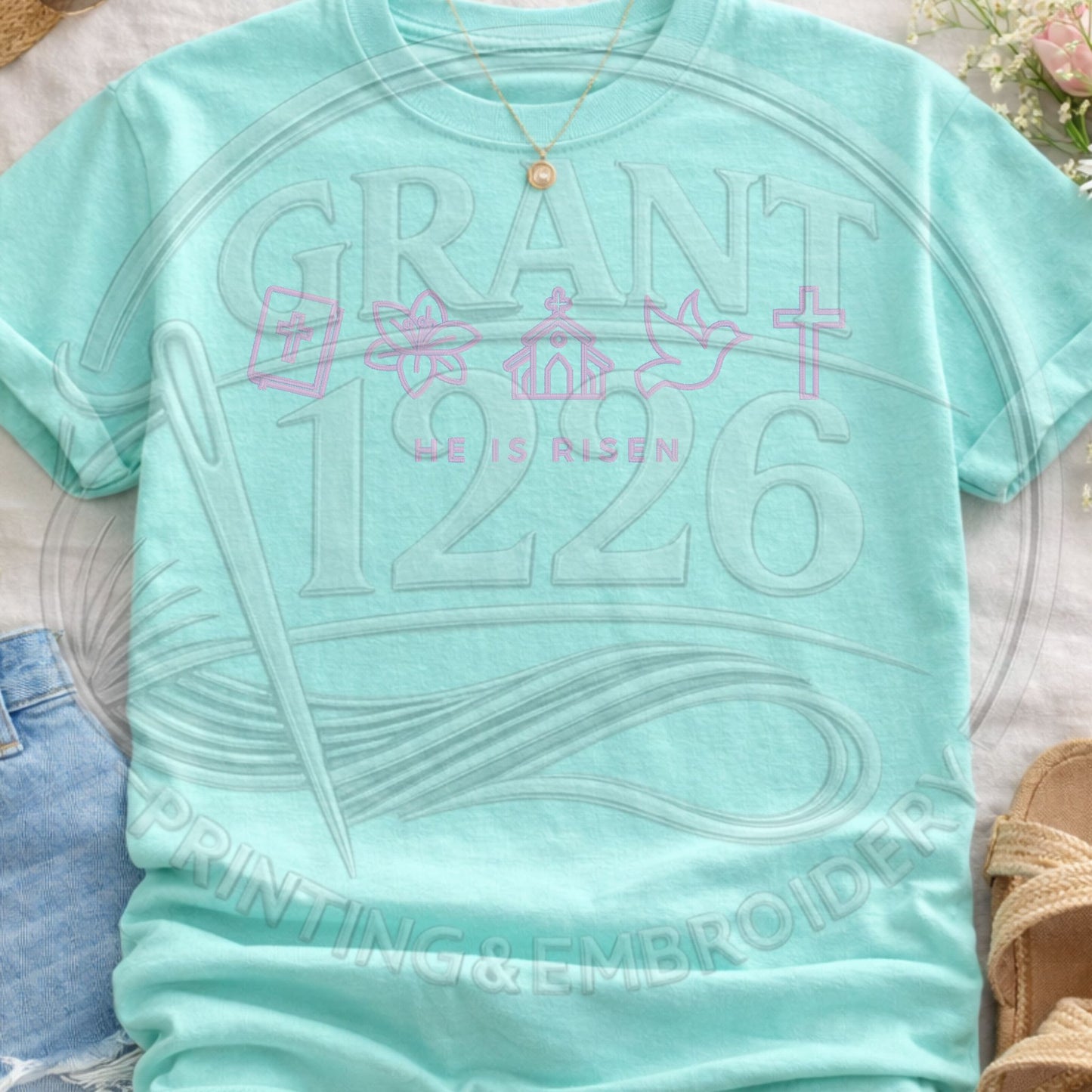 Mint green He Is Risen Christian shirt with pastel faith icons and Easter church graphic on Comfort Colors tee