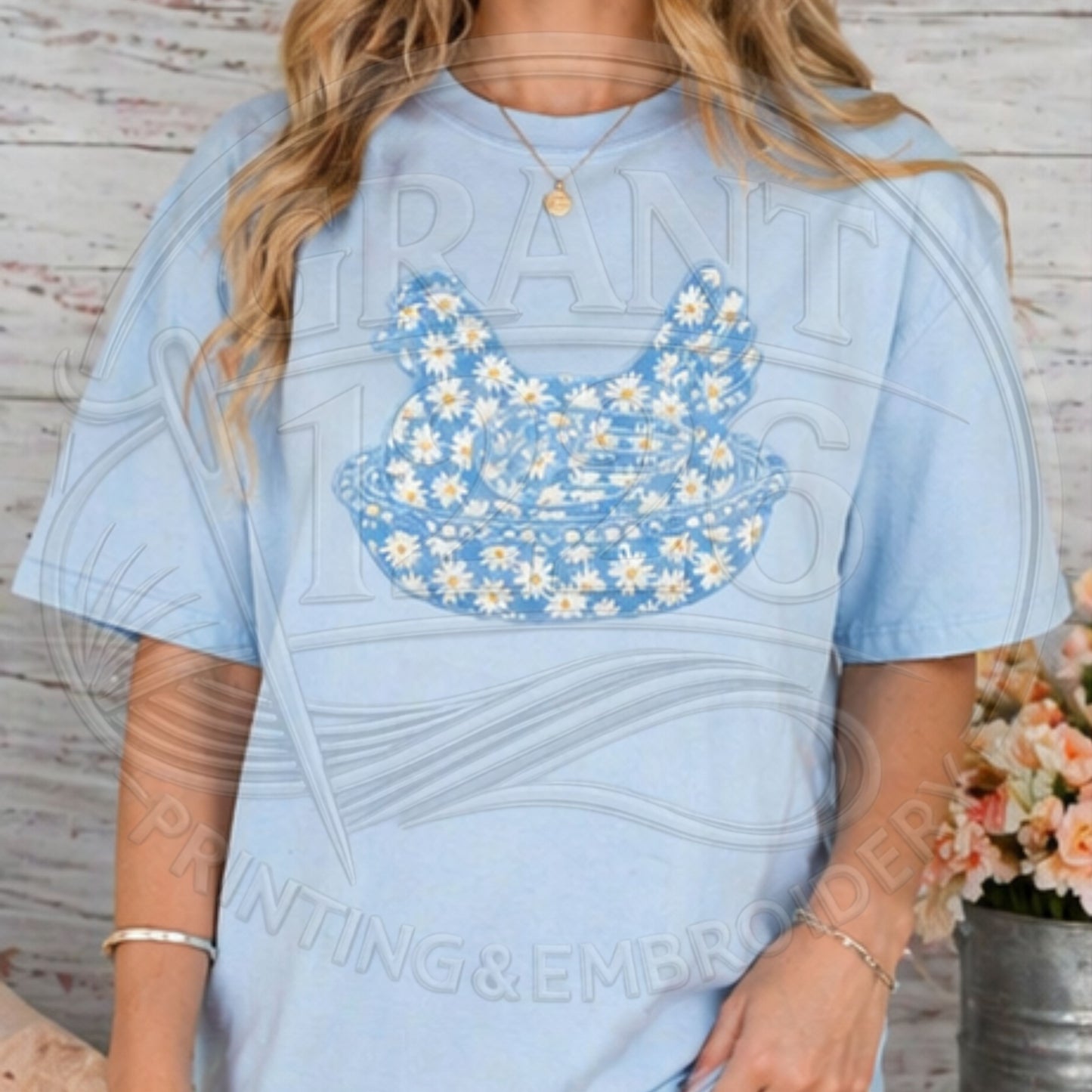 Chambray blue Comfort Colors chicken applique embroidered shirt on model
