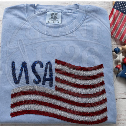 Chambray Comfort Colors patriotic USA shirt with sparkling American flag applique.