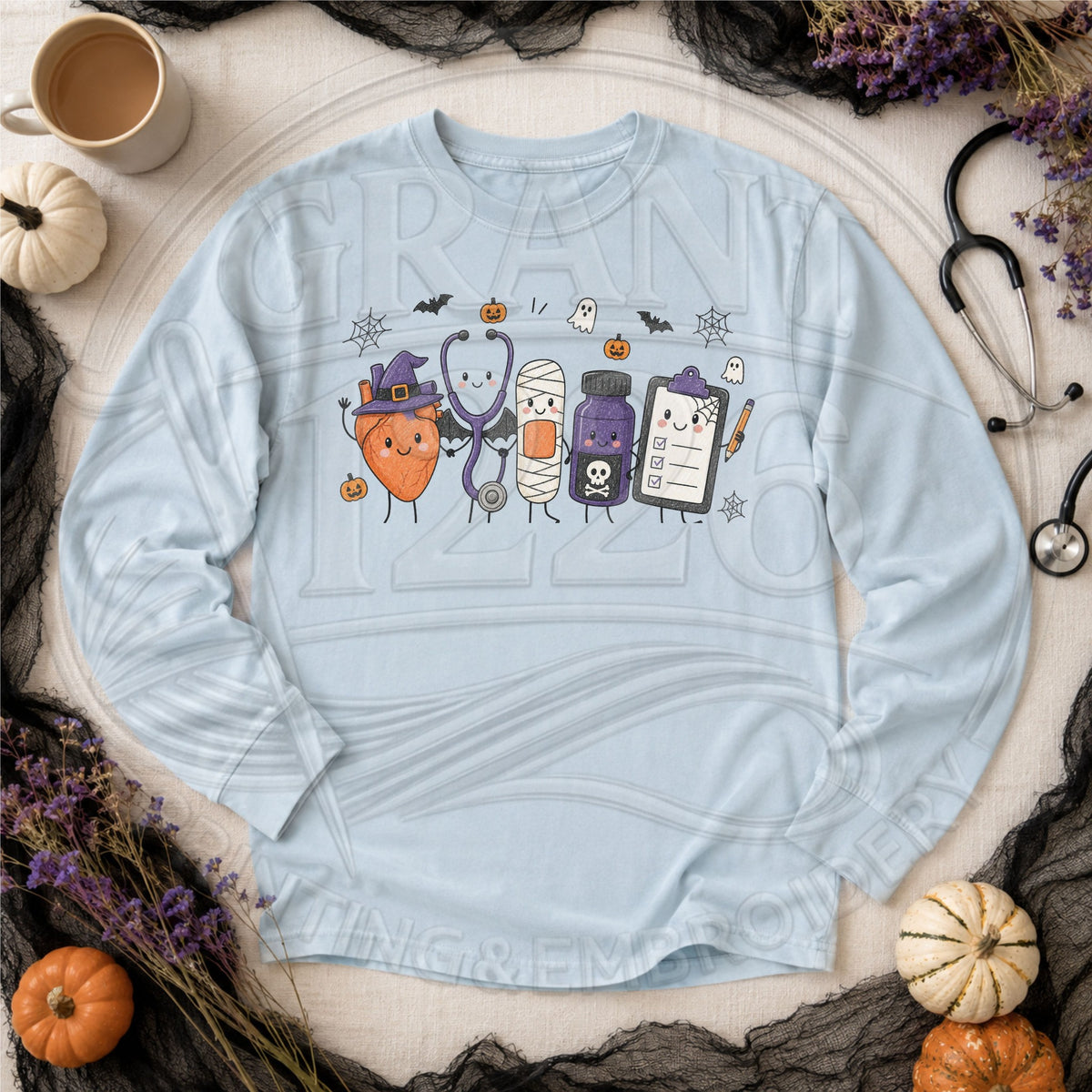 Chambray long sleeve Comfort Colors shirt with cute Halloween nurse graphic