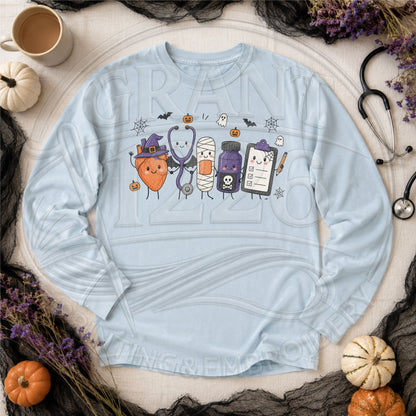 Chambray long sleeve Comfort Colors shirt with cute Halloween nurse graphic