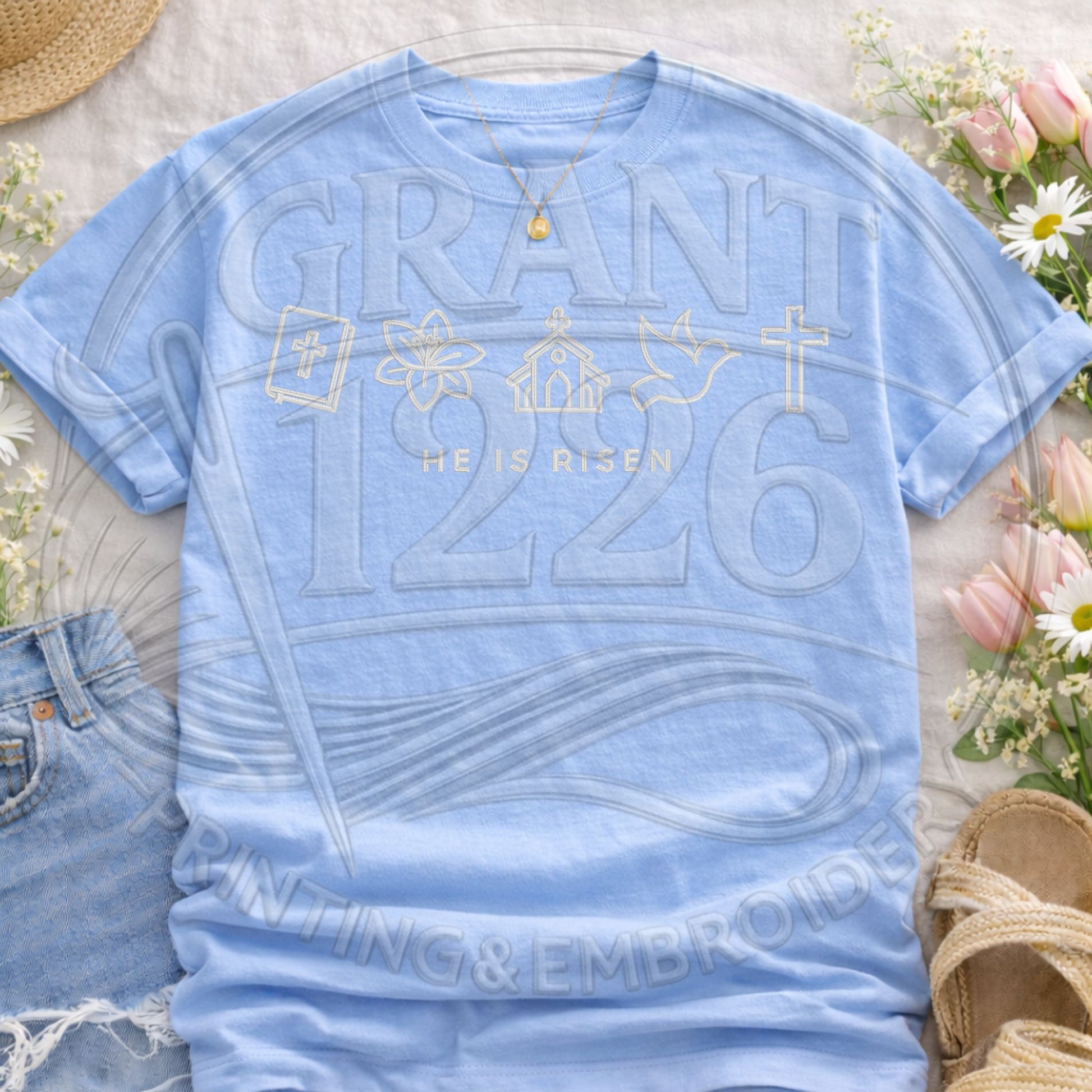 Pastel blue He Is Risen Christian shirt with Easter faith icons and religious graphic design