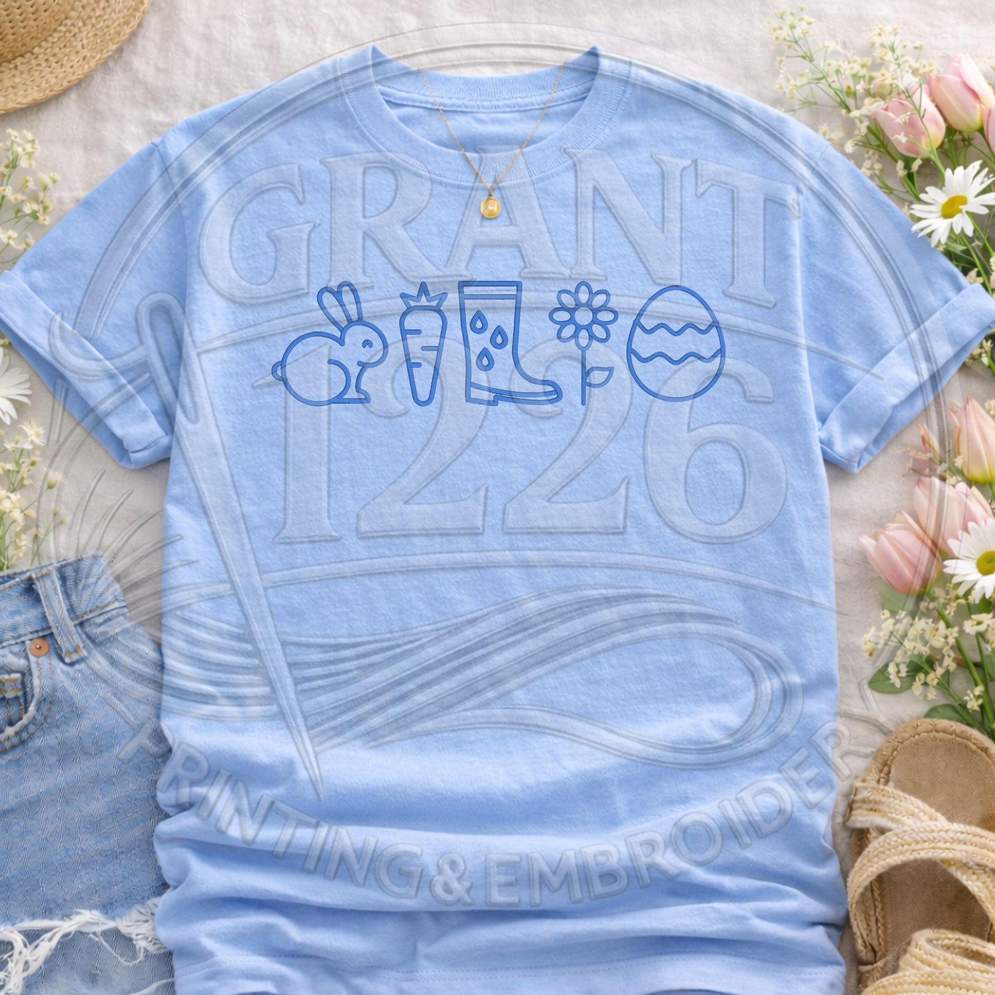 Chambray blue spring icons embroidered graphic tee
