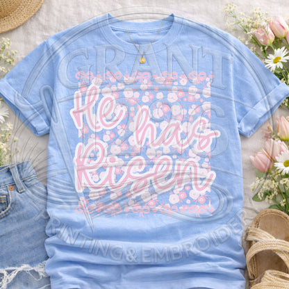 Chambray blue “He Has Risen” graphic tee